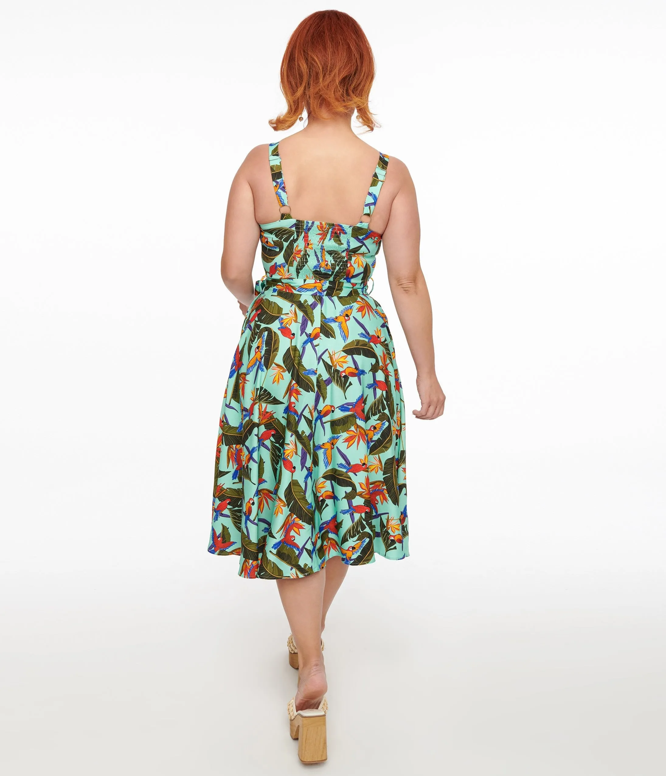 1950s Blue & Green Tropical Parrot Print Lori Swing Dress