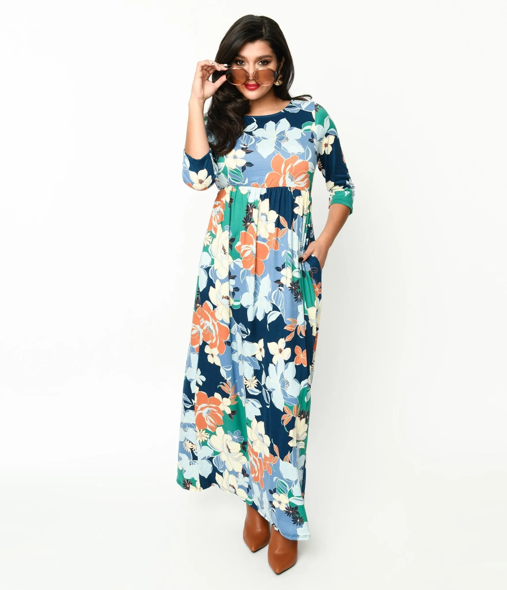 1970s Navy & Multicolor Floral Knit Maxi Dress