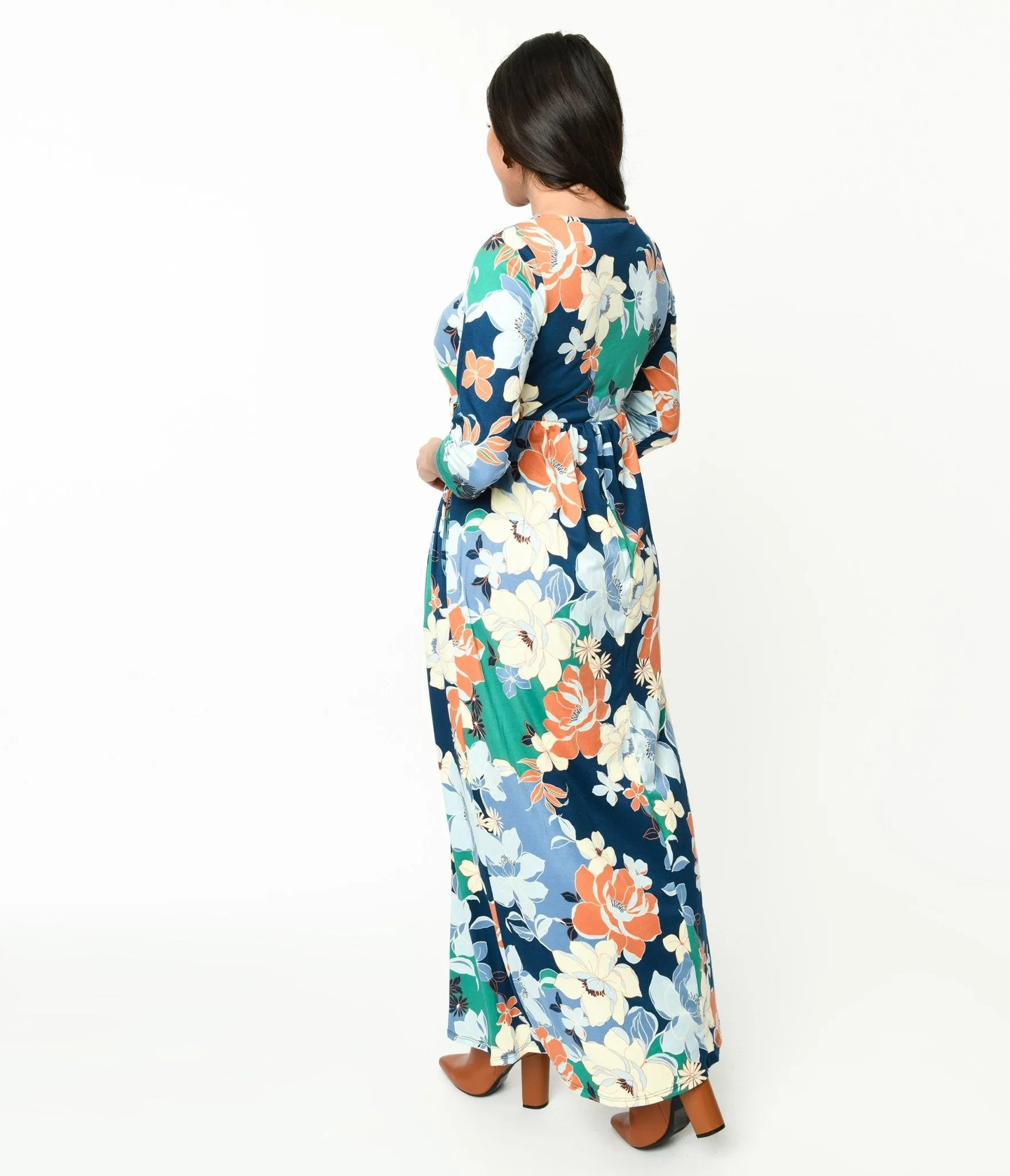 1970s Navy & Multicolor Floral Knit Maxi Dress