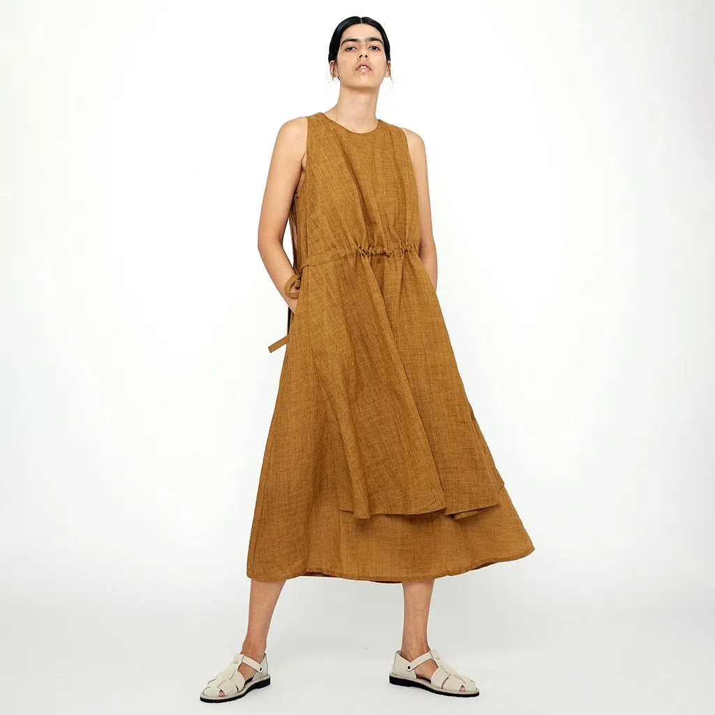 7115 By Szeki Woman Layered Summer Dress Mustard Brown