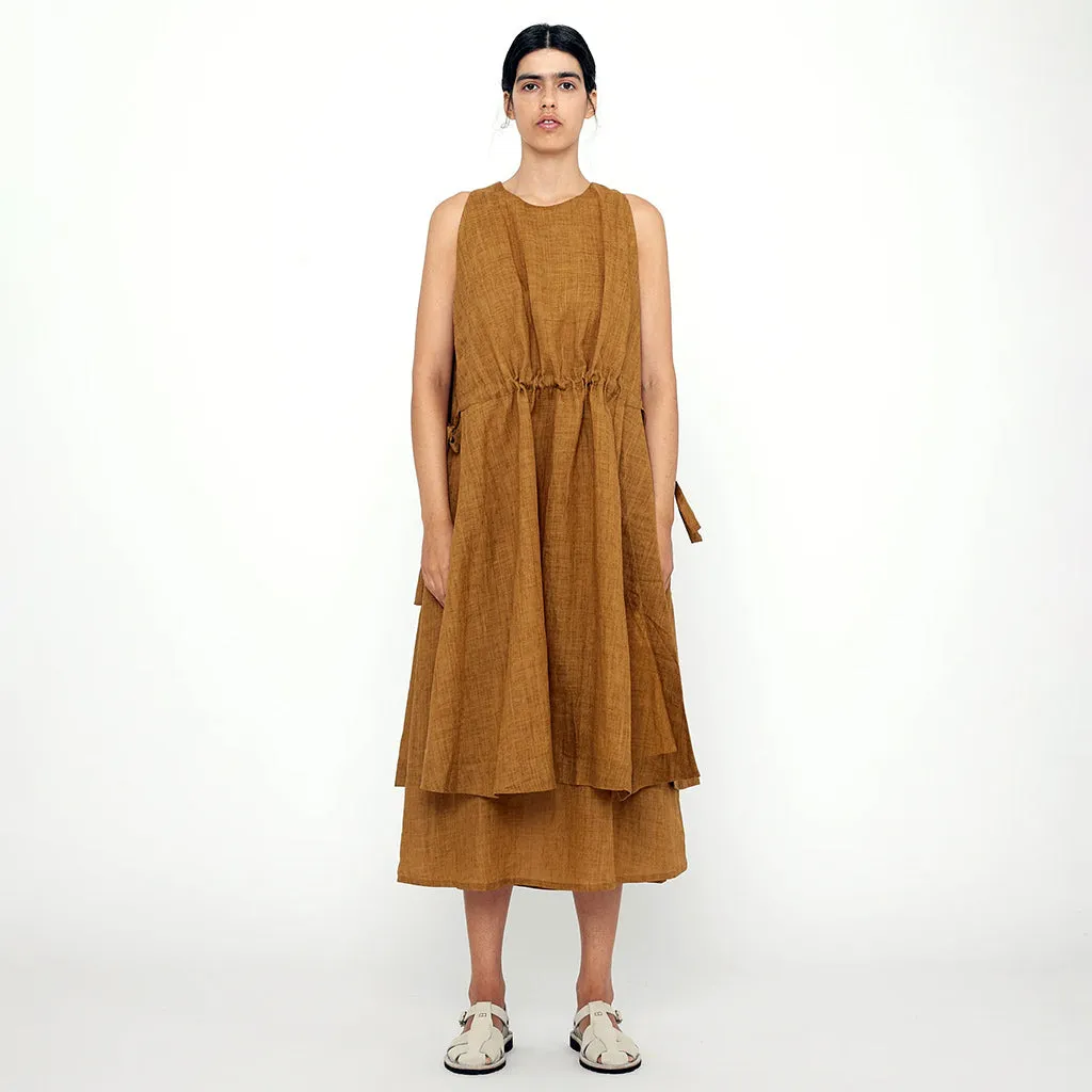 7115 By Szeki Woman Layered Summer Dress Mustard Brown