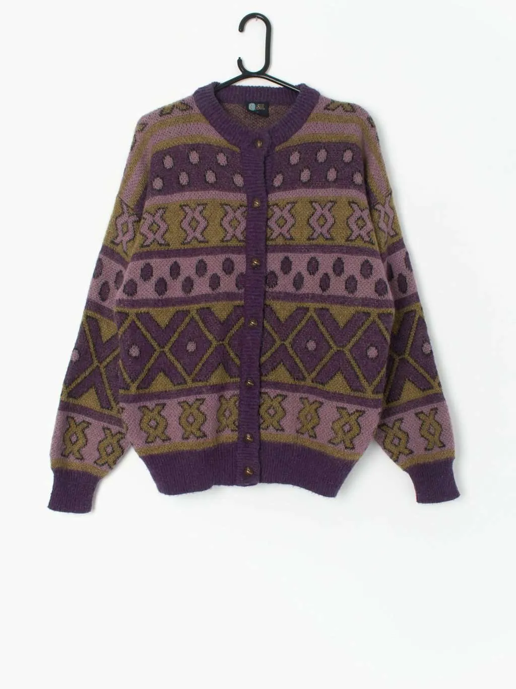 90s purple cardigan with olive green geometric design – Medium / Large