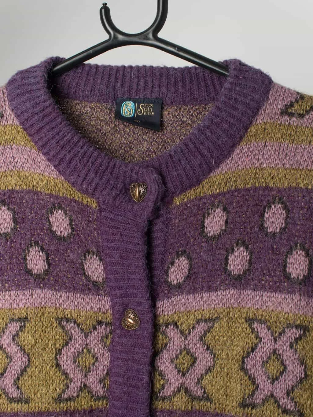 90s purple cardigan with olive green geometric design – Medium / Large