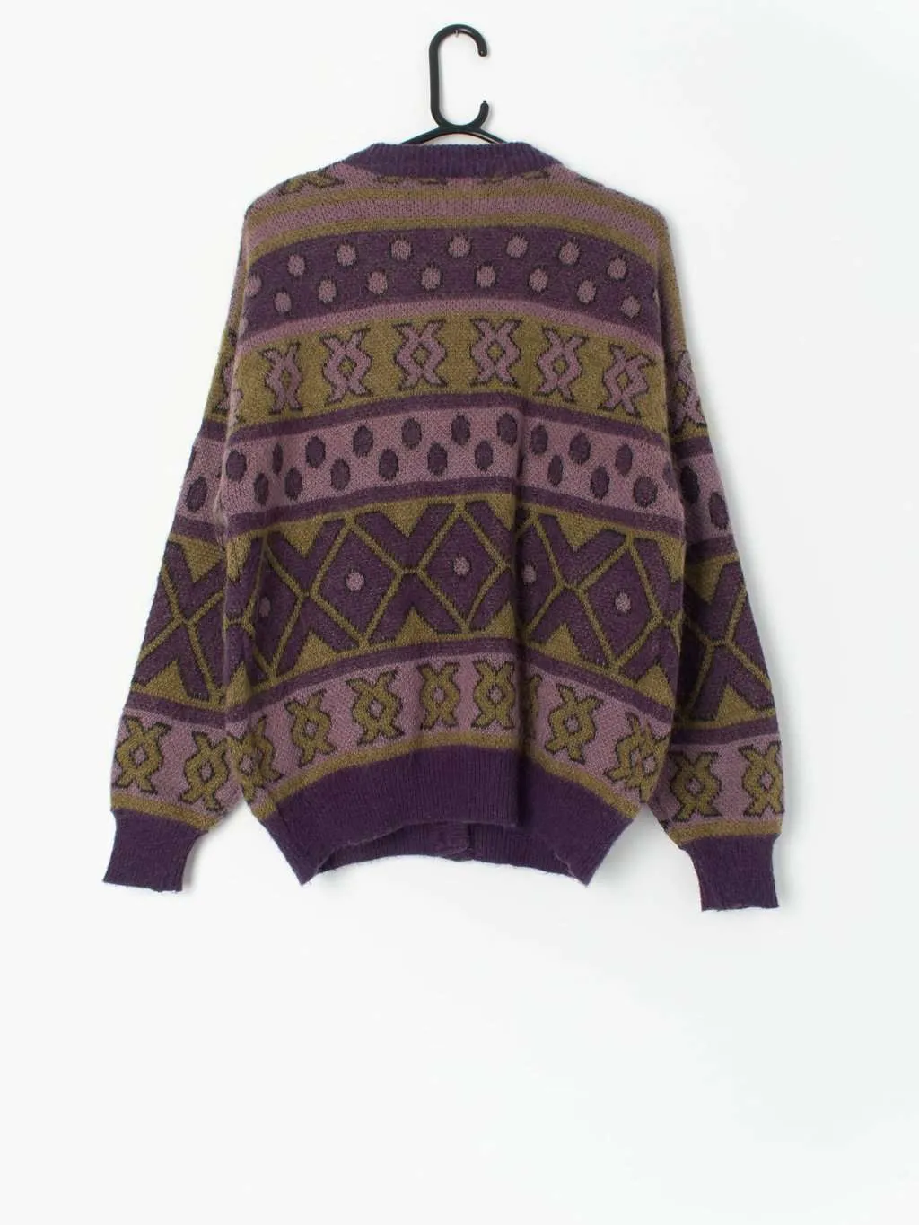 90s purple cardigan with olive green geometric design – Medium / Large