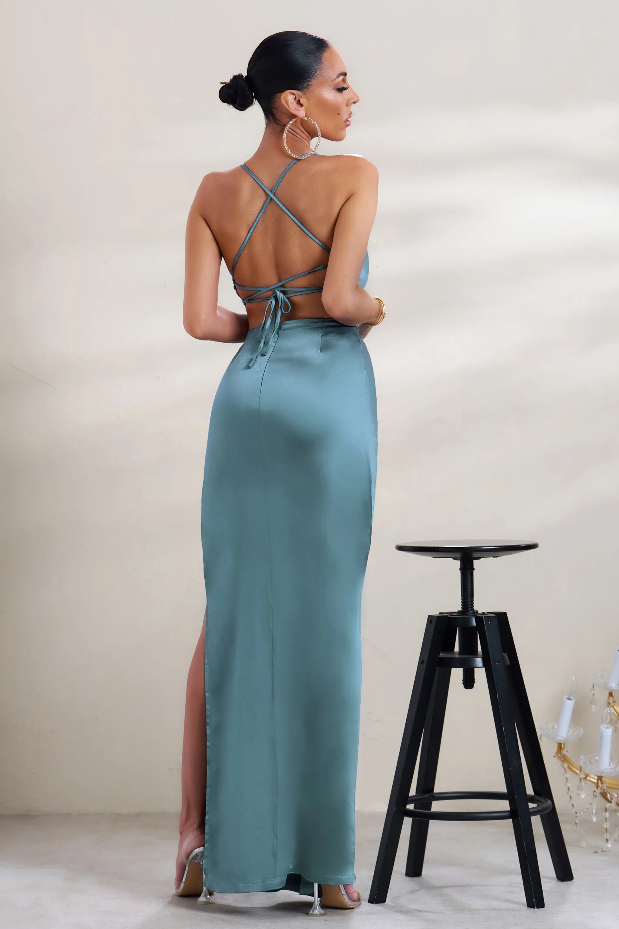 A-List | Blue Satin Cowl Maxi Dress With Thigh Split