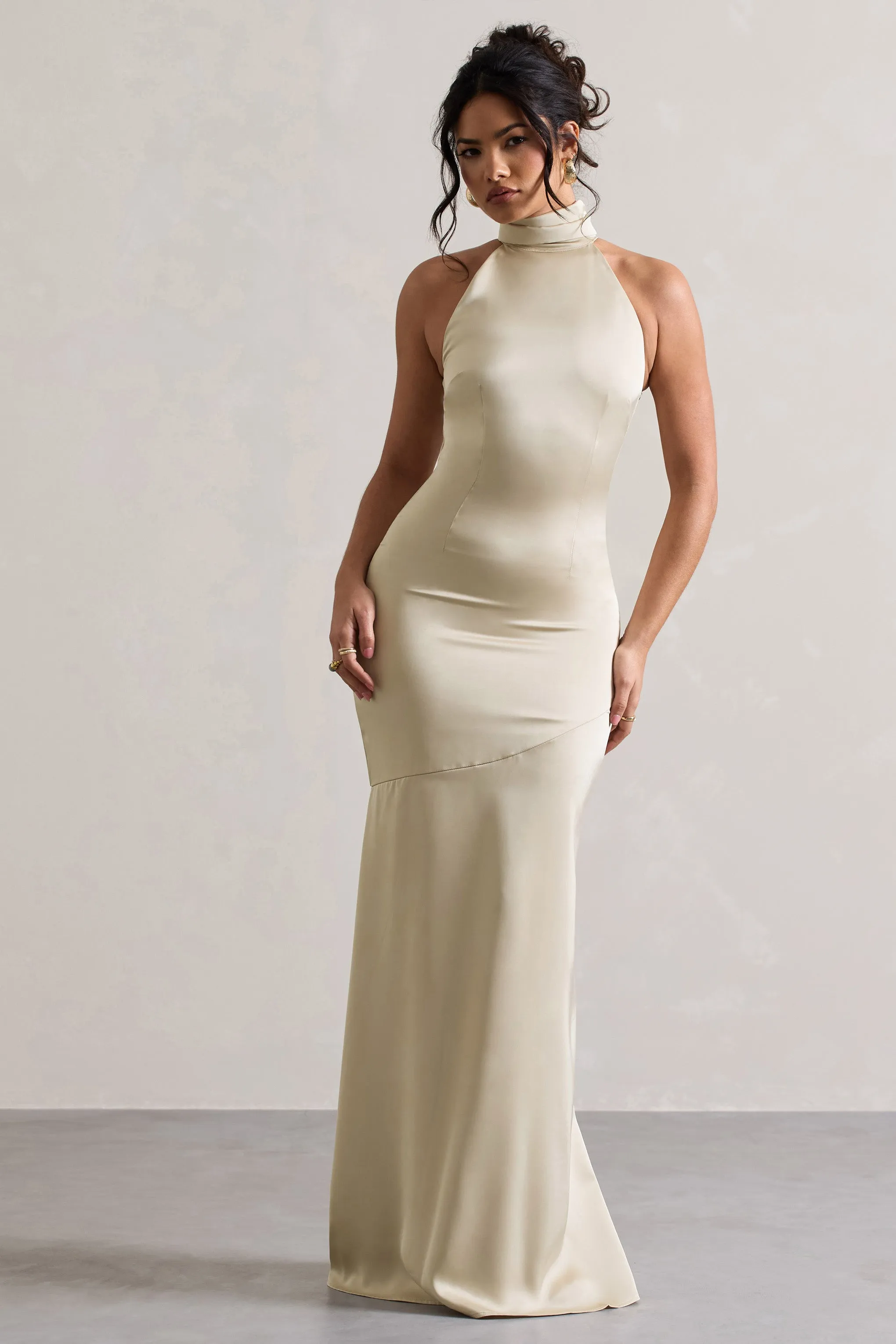 Adoria | Champagne Satin High-Neck Maxi Dress