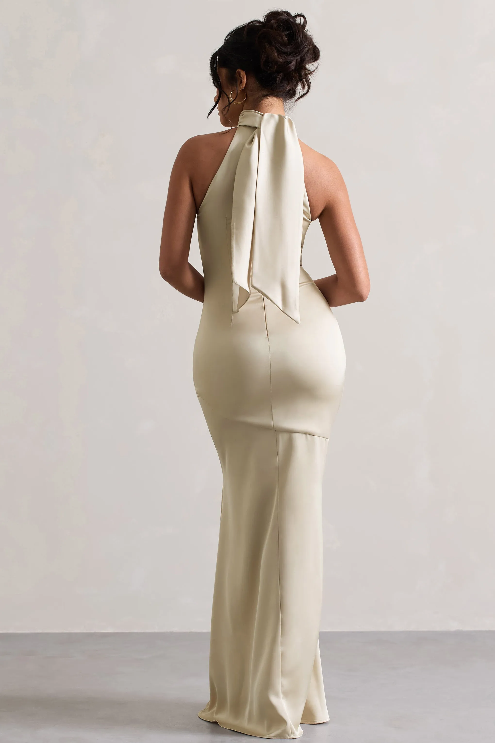 Adoria | Champagne Satin High-Neck Maxi Dress