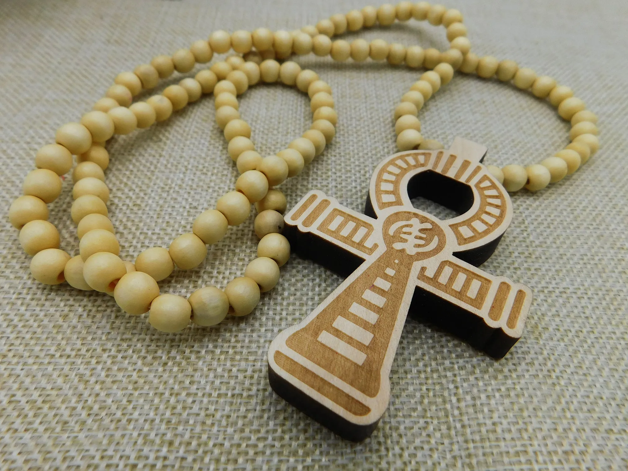 Ankh Necklace Beige Beaded Long Wooden Men Jewelry