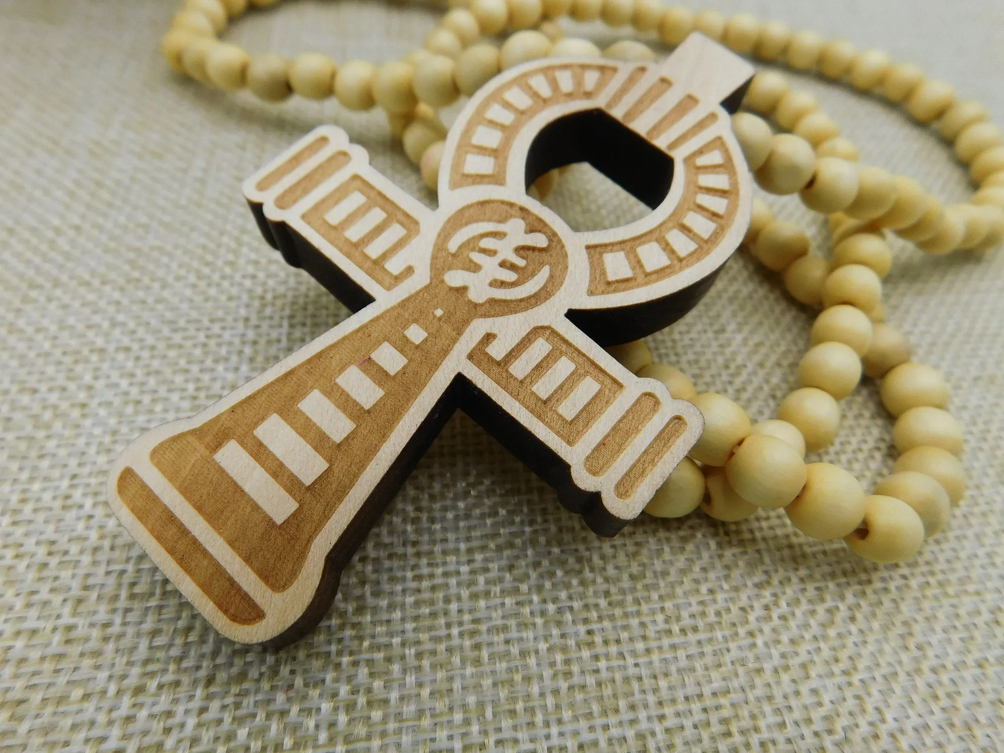 Ankh Necklace Beige Beaded Long Wooden Men Jewelry