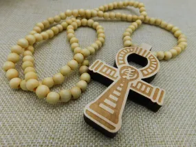 Ankh Necklace Beige Beaded Long Wooden Men Jewelry