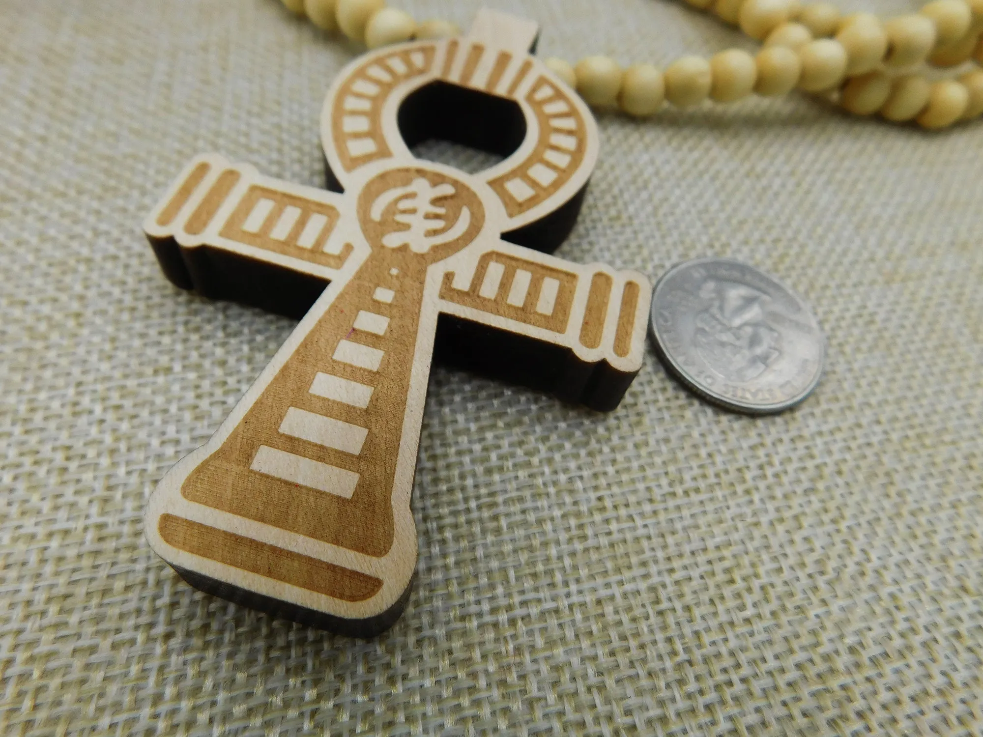 Ankh Necklace Beige Beaded Long Wooden Men Jewelry