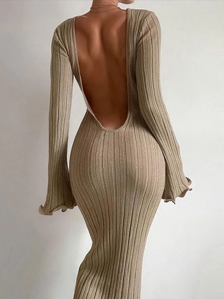 Backless Flare Sleeves Sexy Knitted Long Dress For Women