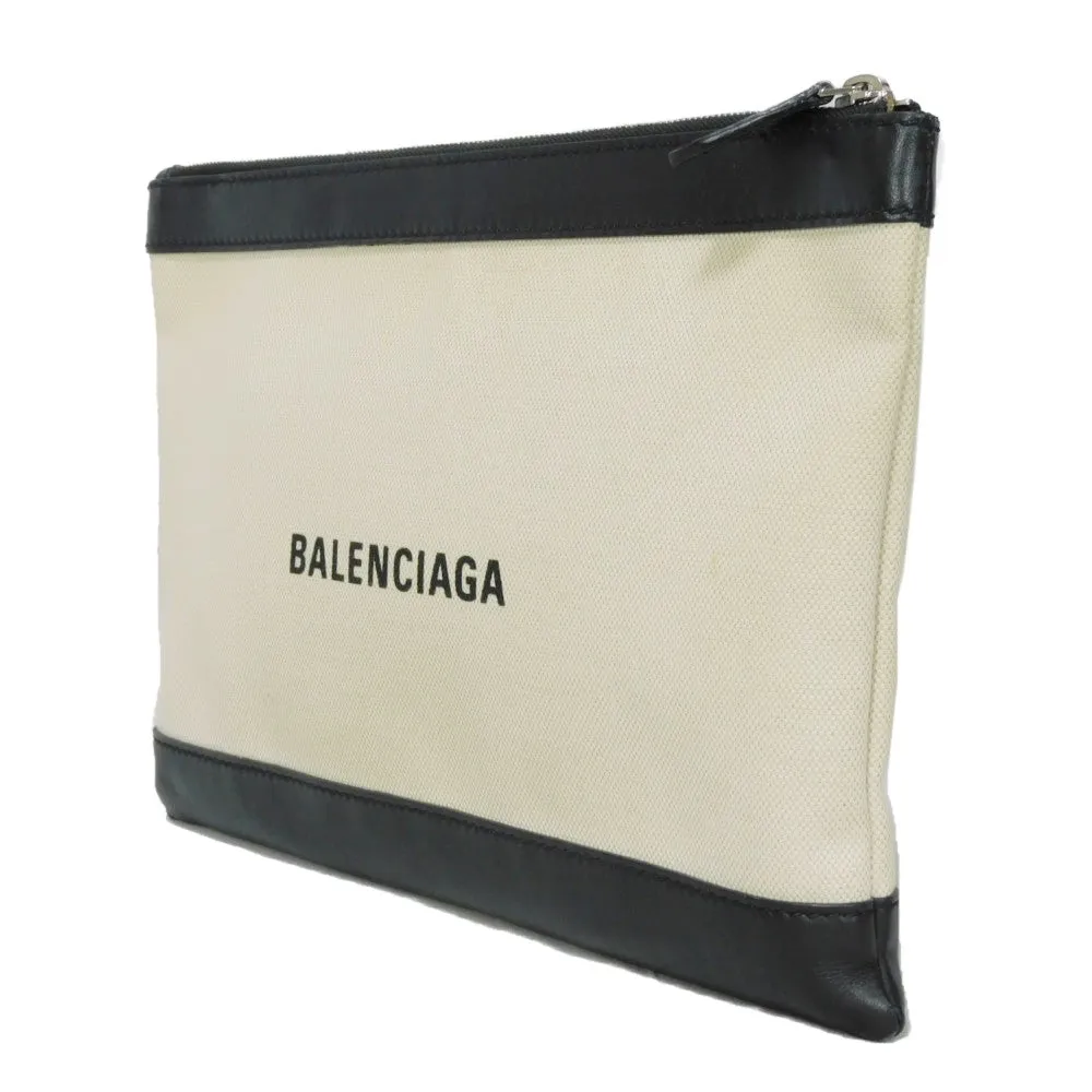 BALENCIAGA Clutch bag 373834 AQ3BN 9260 Cotton canvas x smooth calfskin Natural x Black New logo Navy clip M mens