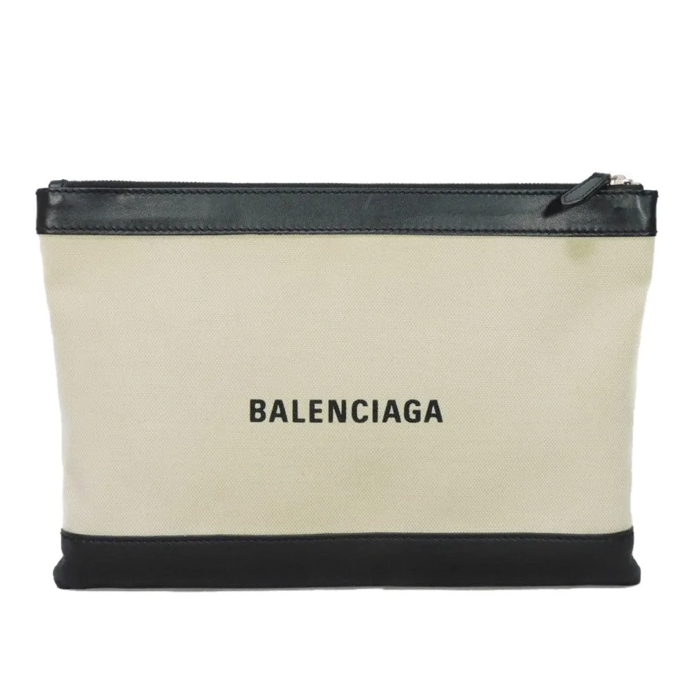 BALENCIAGA Clutch bag 373834 AQ3BN 9260 Cotton canvas x smooth calfskin Natural x Black New logo Navy clip M mens