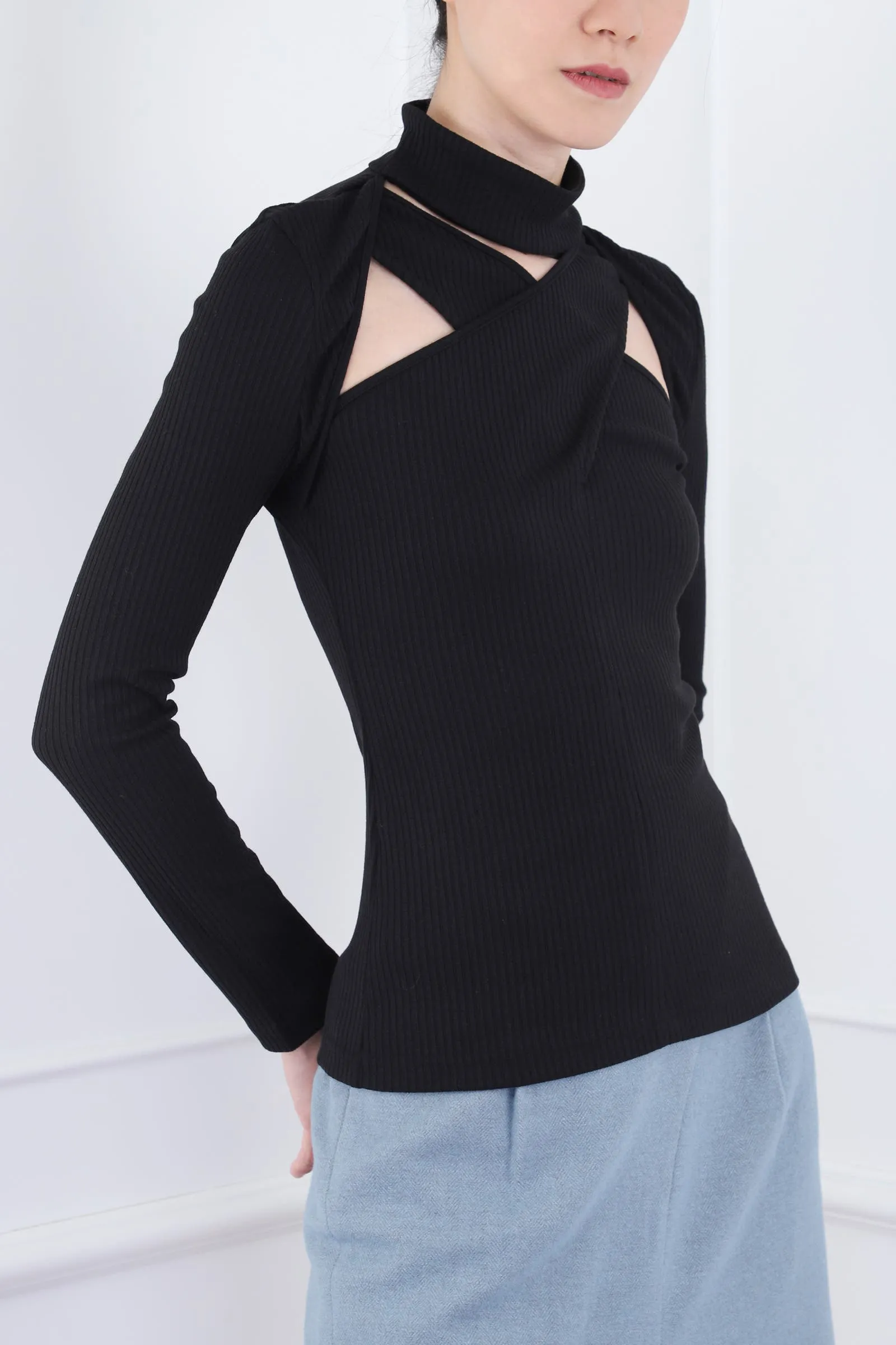 Black Cross Cut-out Detail Turtleneck Top