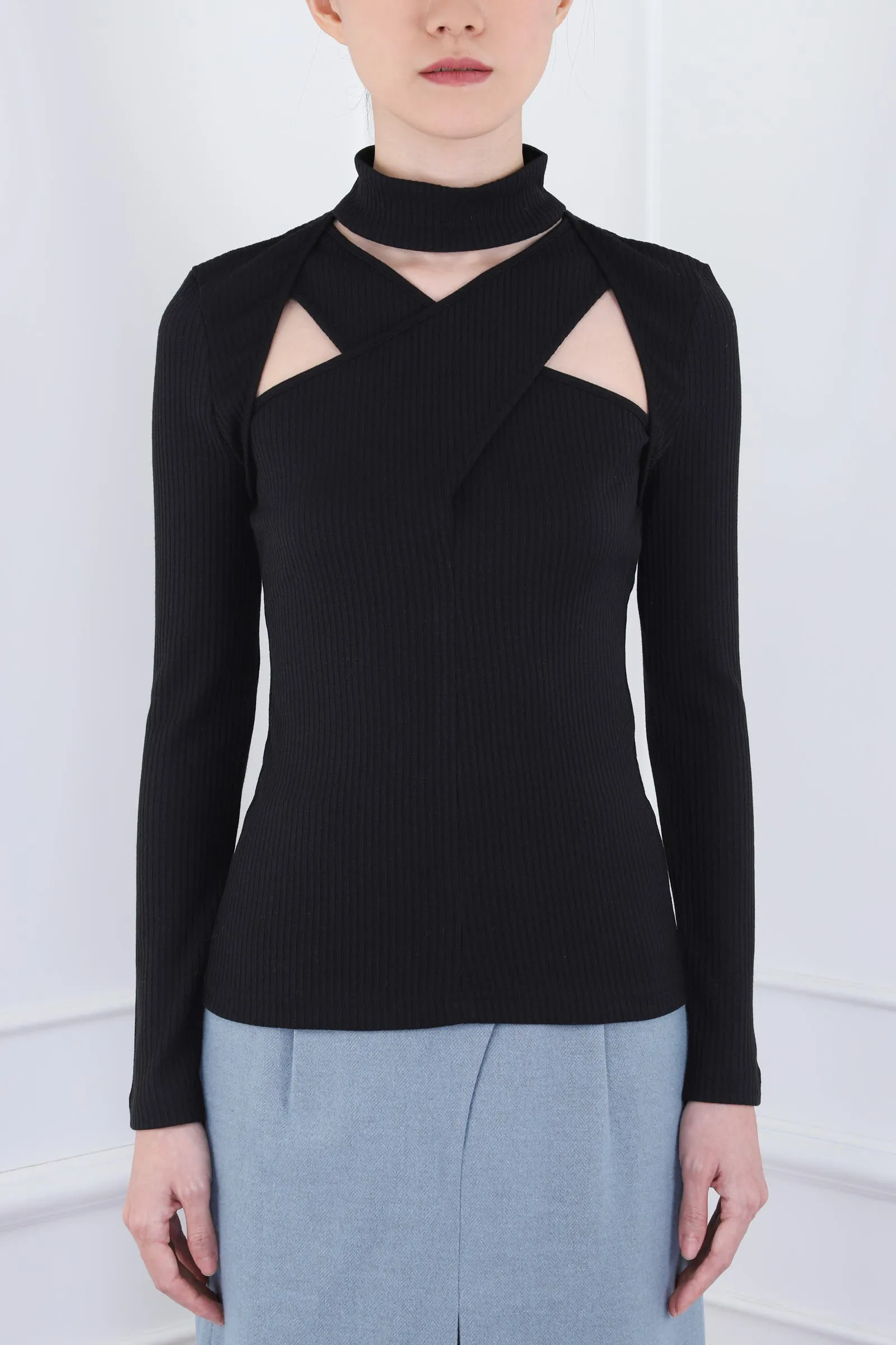 Black Cross Cut-out Detail Turtleneck Top