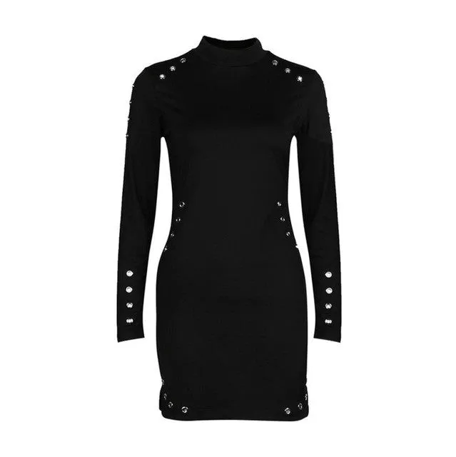 Black Dress 3XL Plus Size Sexy Hollow Out Long Sleeve Mini Dress Turtleneck Slim Autumn Club Dress 2016 Moda Feminina#A11 SM6