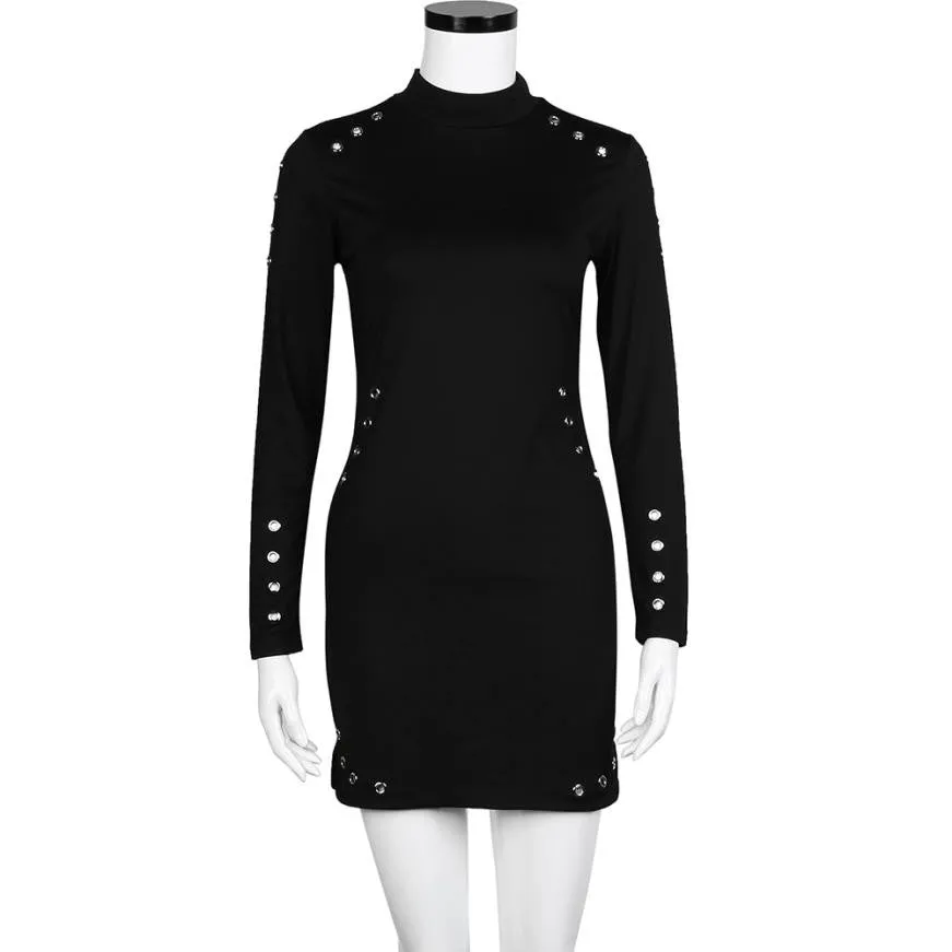 Black Dress 3XL Plus Size Sexy Hollow Out Long Sleeve Mini Dress Turtleneck Slim Autumn Club Dress 2016 Moda Feminina#A11 SM6