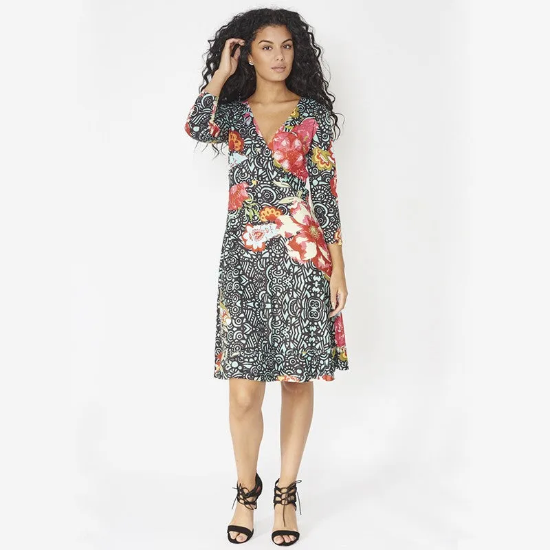 Black Floral V Neck 3/4 Dress