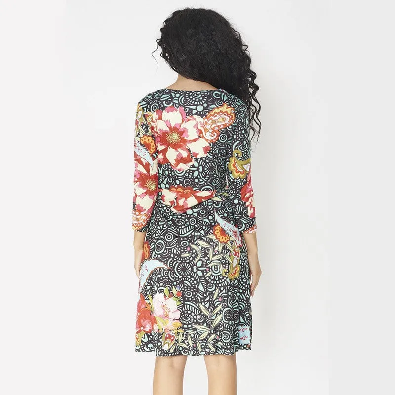 Black Floral V Neck 3/4 Dress