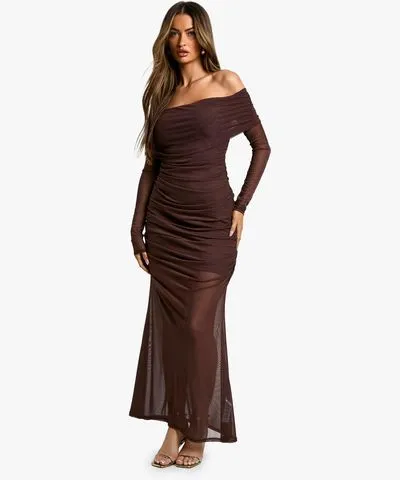 boohoo Womens Bardot Slinky Mesh Mix Maxi Dress