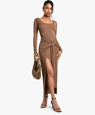 boohoo Womens Scoop Neck Textured Drape Front Maxi Dress