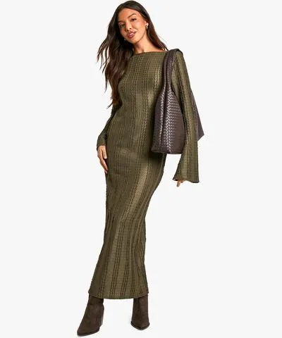 boohoo Womens Textured Long Sleeve Column Maxi Dress