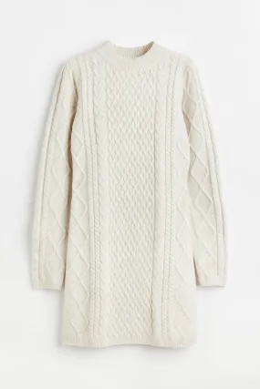 Cable-knit dress - Round neck - Long sleeve - Natural white - Ladies | H&M GB