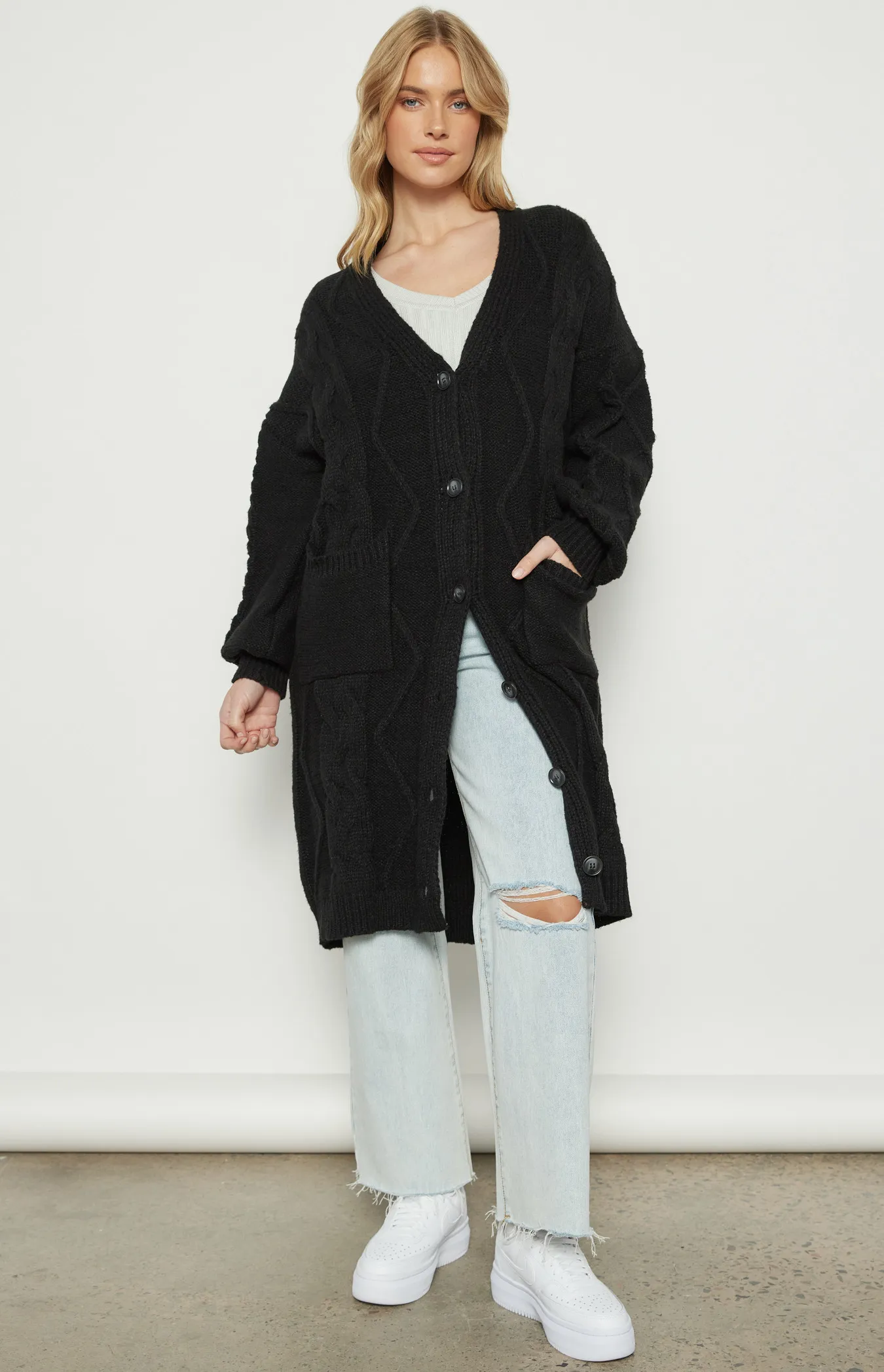 Cable Knit Long Cardigan with Buttons and Pocket Detail (WKN676)