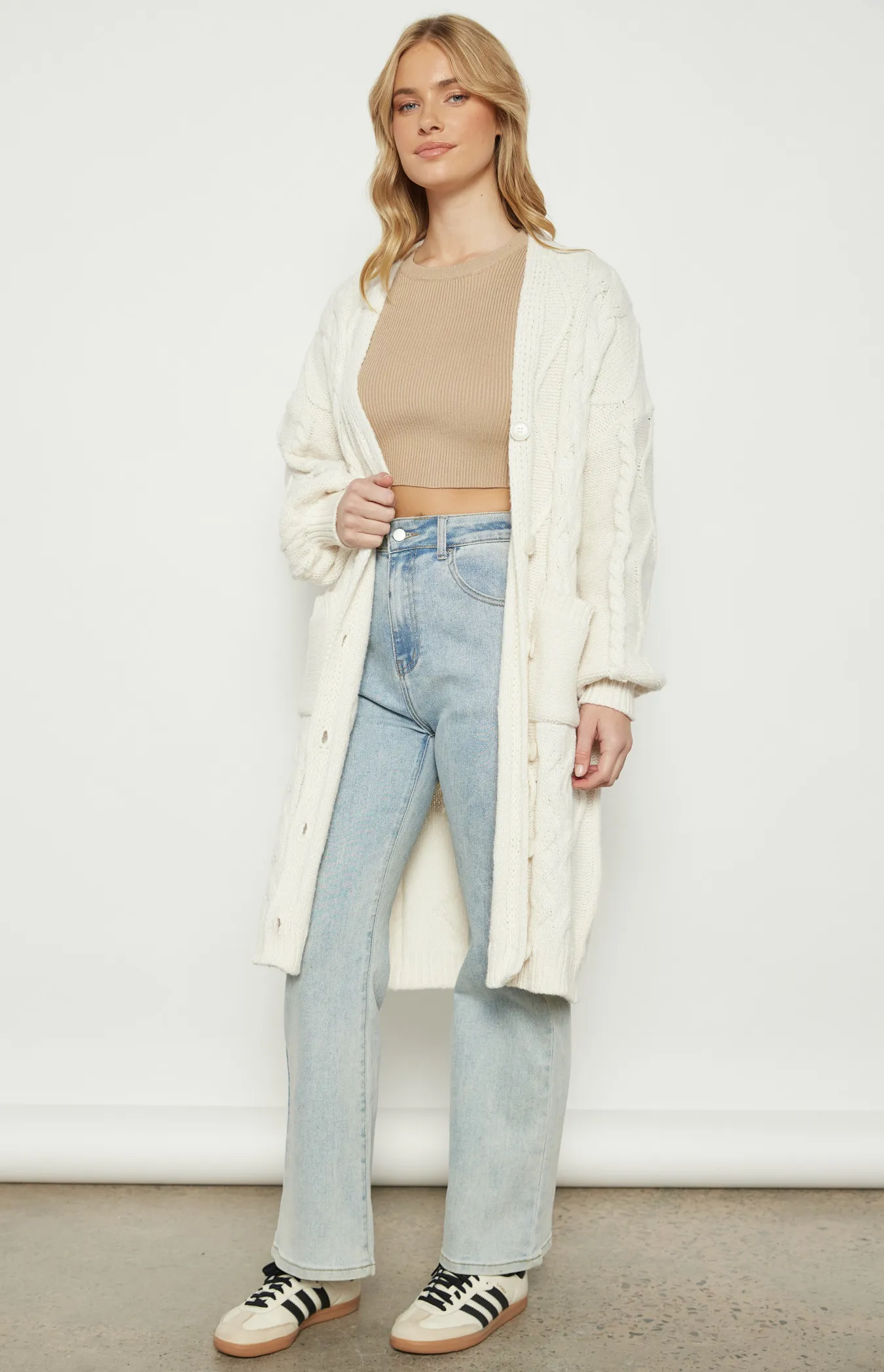 Cable Knit Long Cardigan with Buttons and Pocket Detail (WKN676)