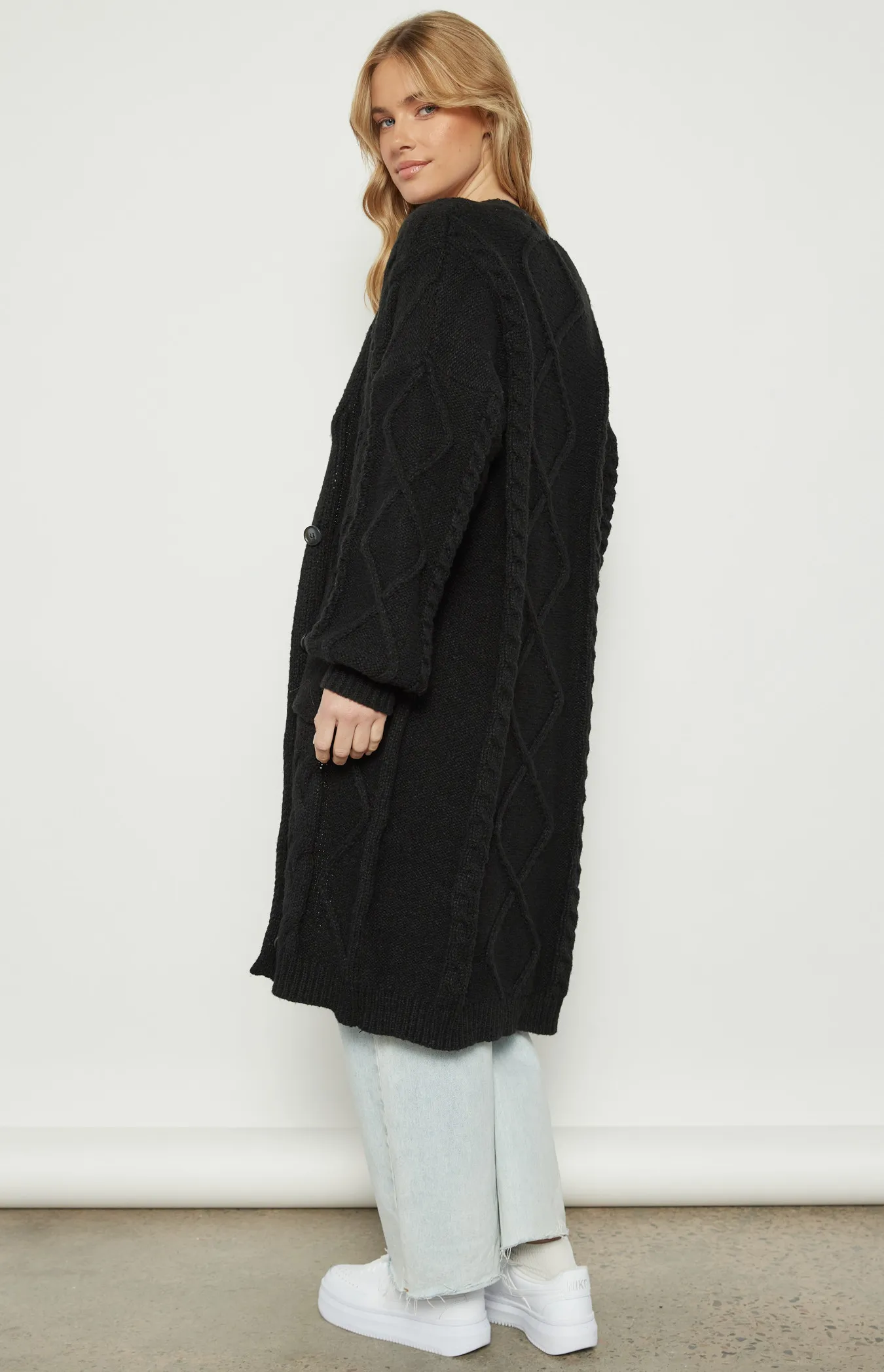 Cable Knit Long Cardigan with Buttons and Pocket Detail (WKN676)