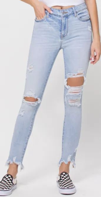 Cello Mid Rise Frayed Hem Destroy Crop Skinny