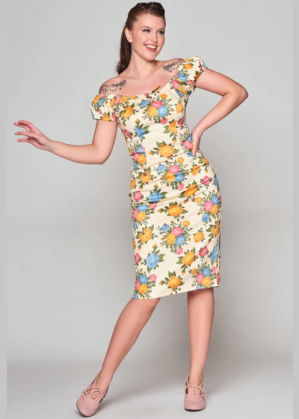 Collectif Lorena Rose Garden 50's Pencil Dress Multi