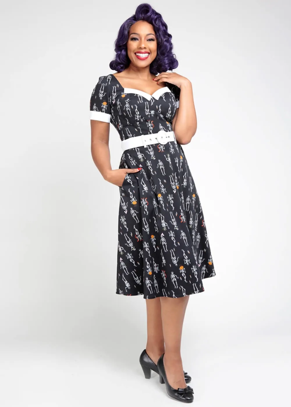 Collectif Roberta Skeleton Boo-gie 50's Swing Dress Black