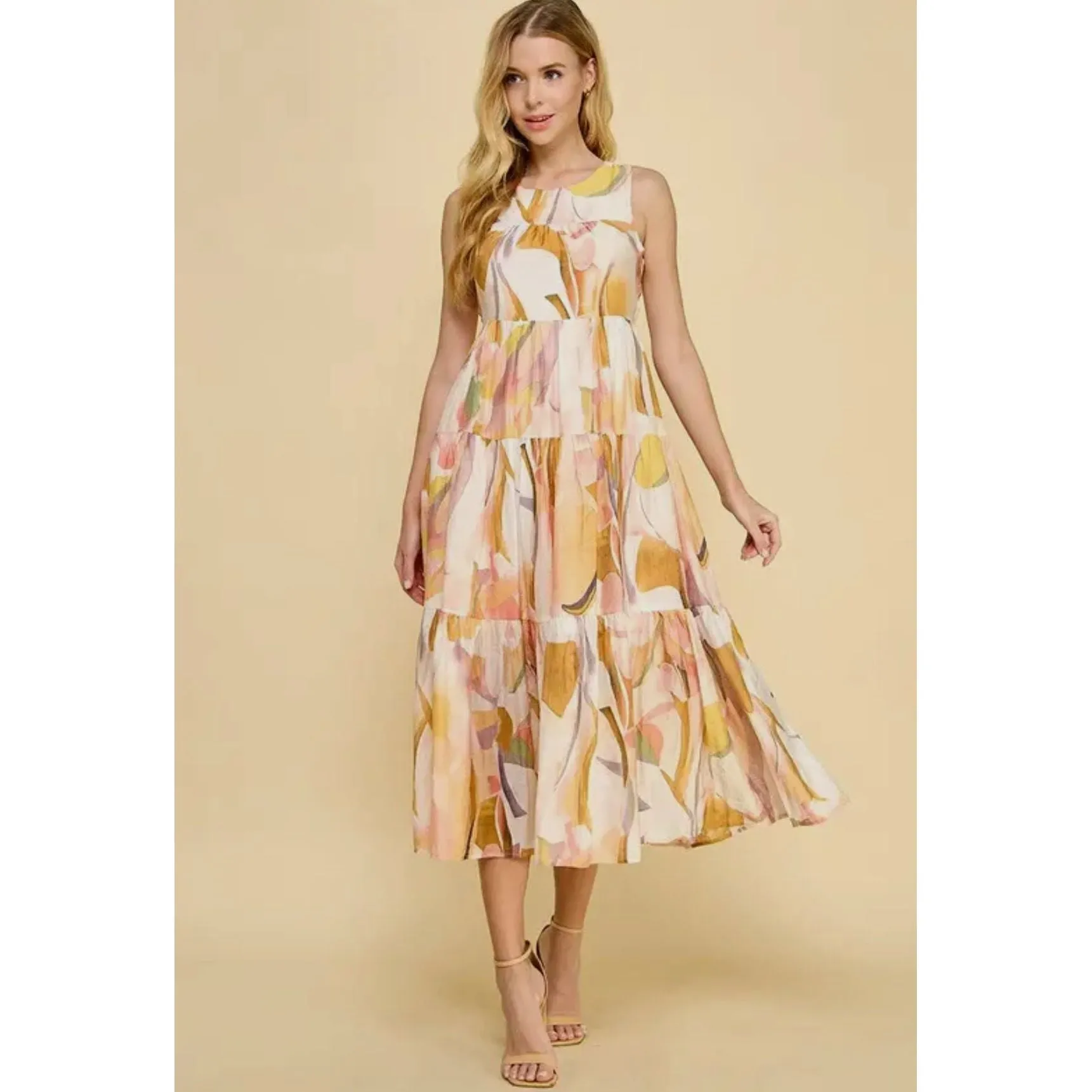 Colleen Floral Open Back Tiered Midi TCEC Dress