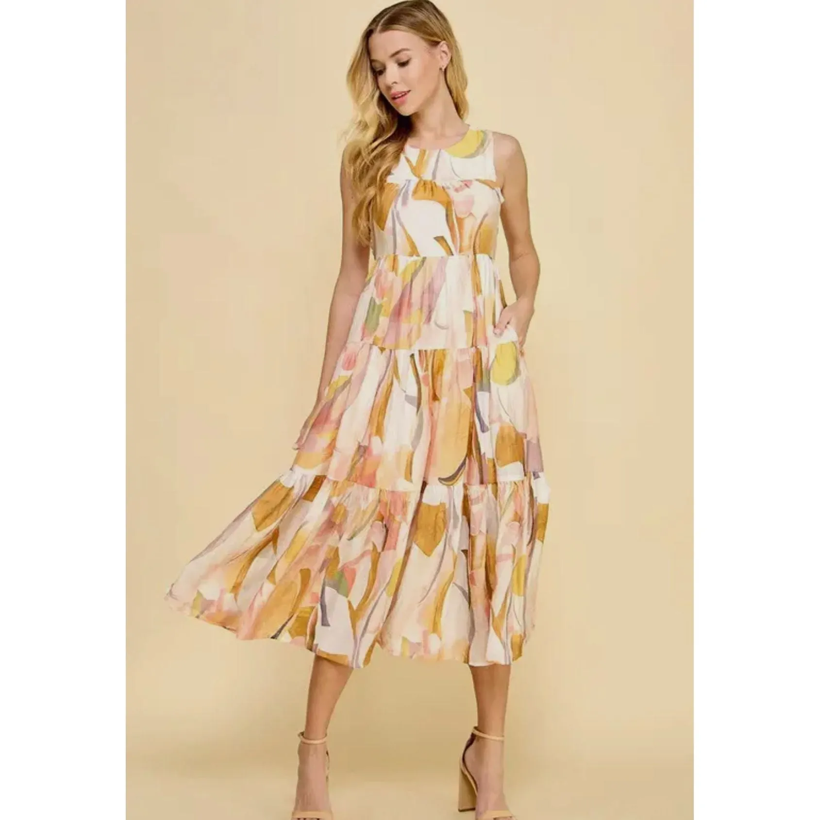 Colleen Floral Open Back Tiered Midi TCEC Dress