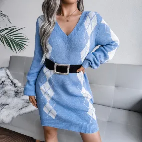 College Style Diamond Sweater Dress