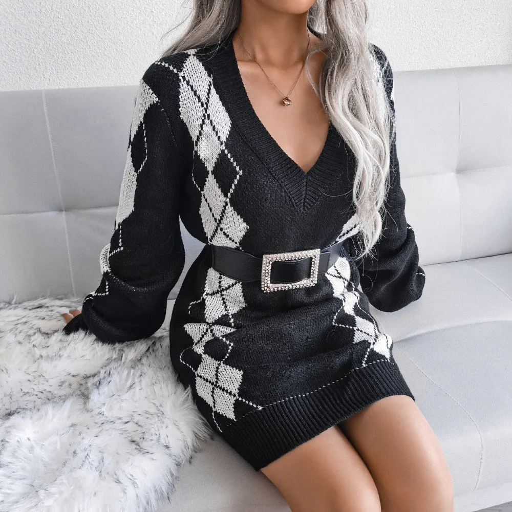 College Style Diamond Sweater Dress