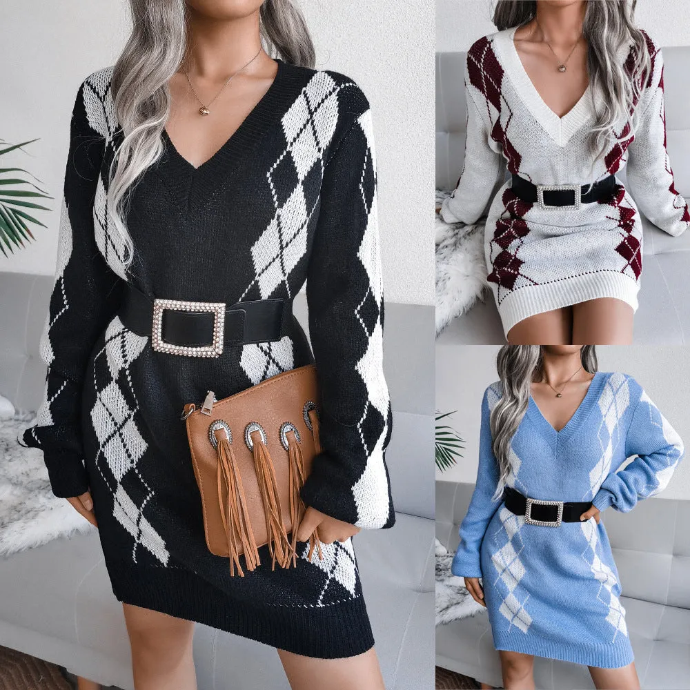 College Style Diamond Sweater Dress