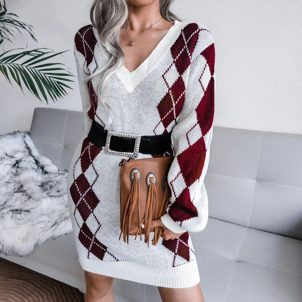 College Style Diamond Sweater Dress