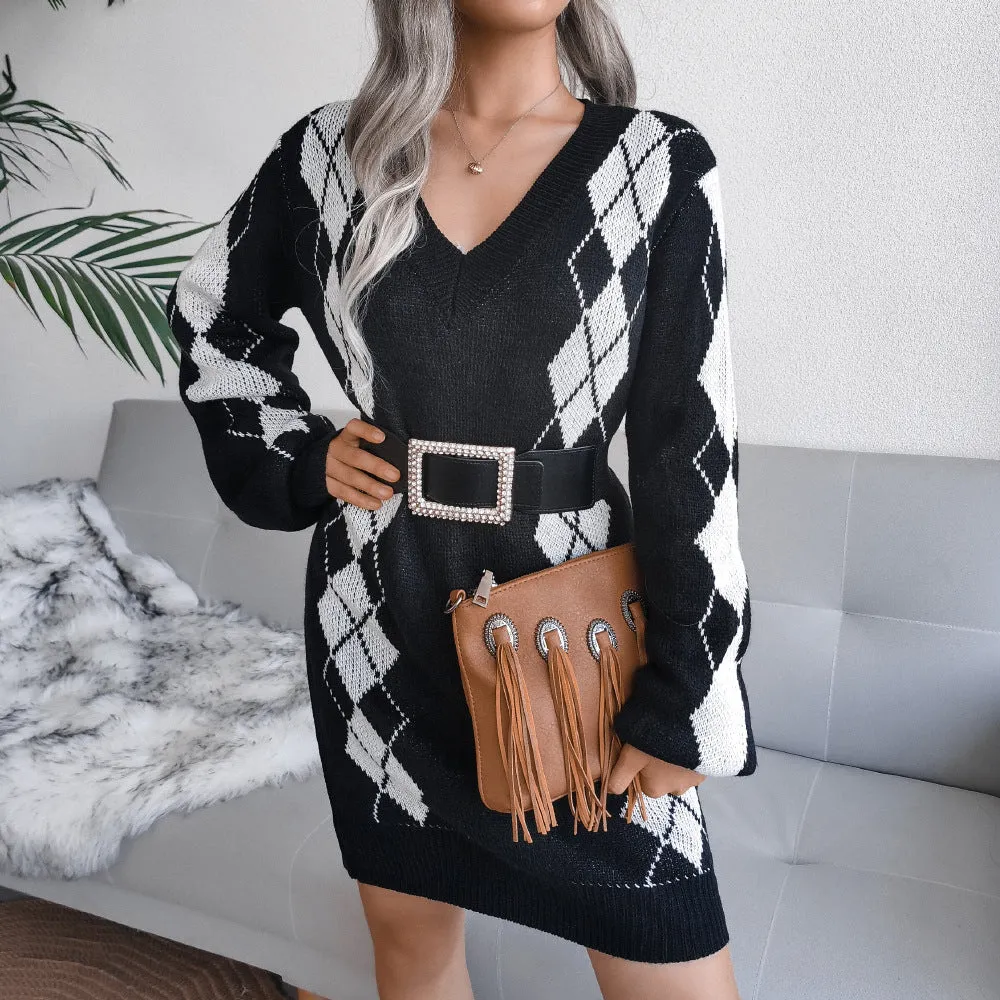 College Style Diamond Sweater Dress