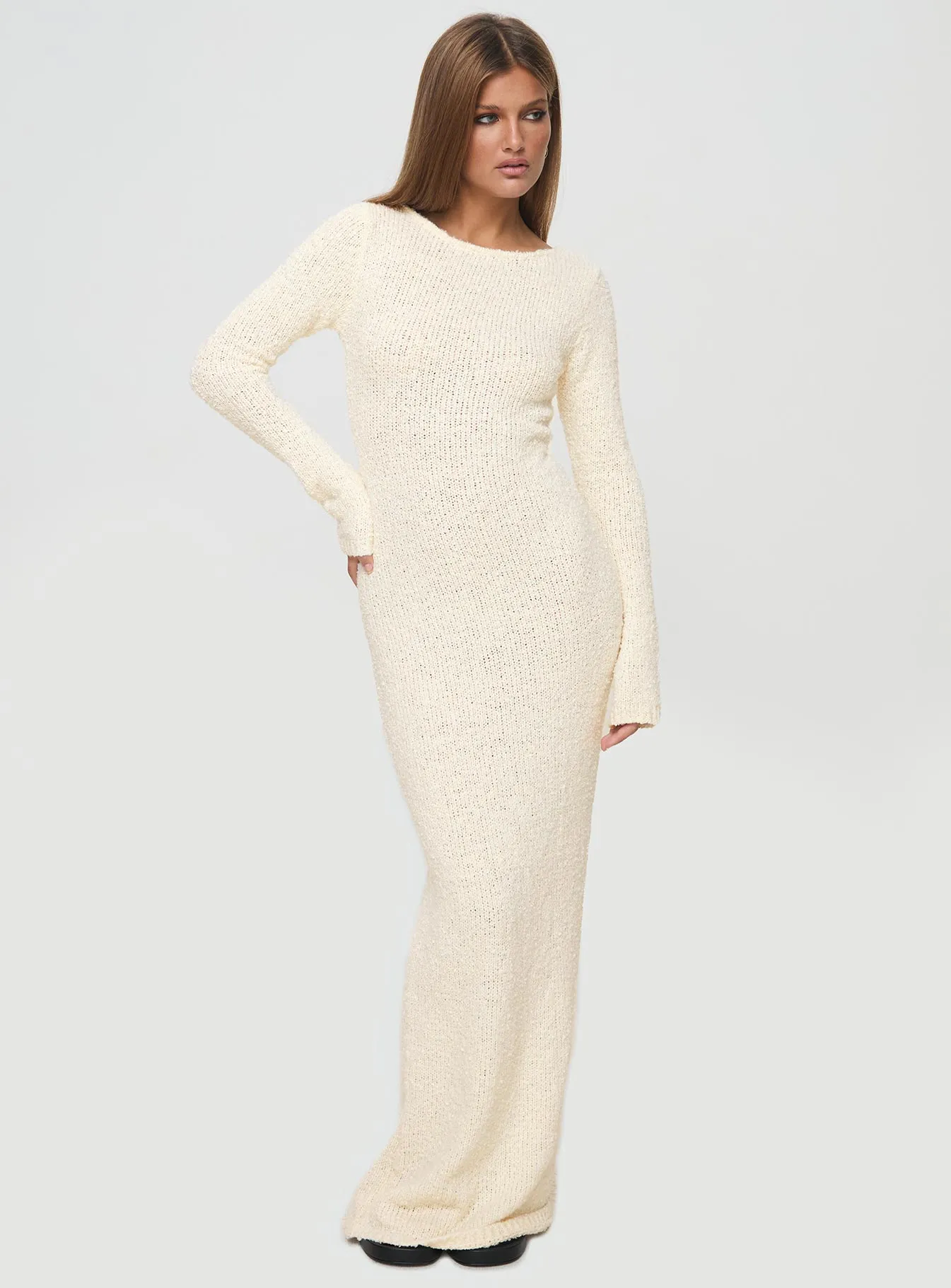 Cosy Up Long Sleeve Boucle Maxi Dress Cream