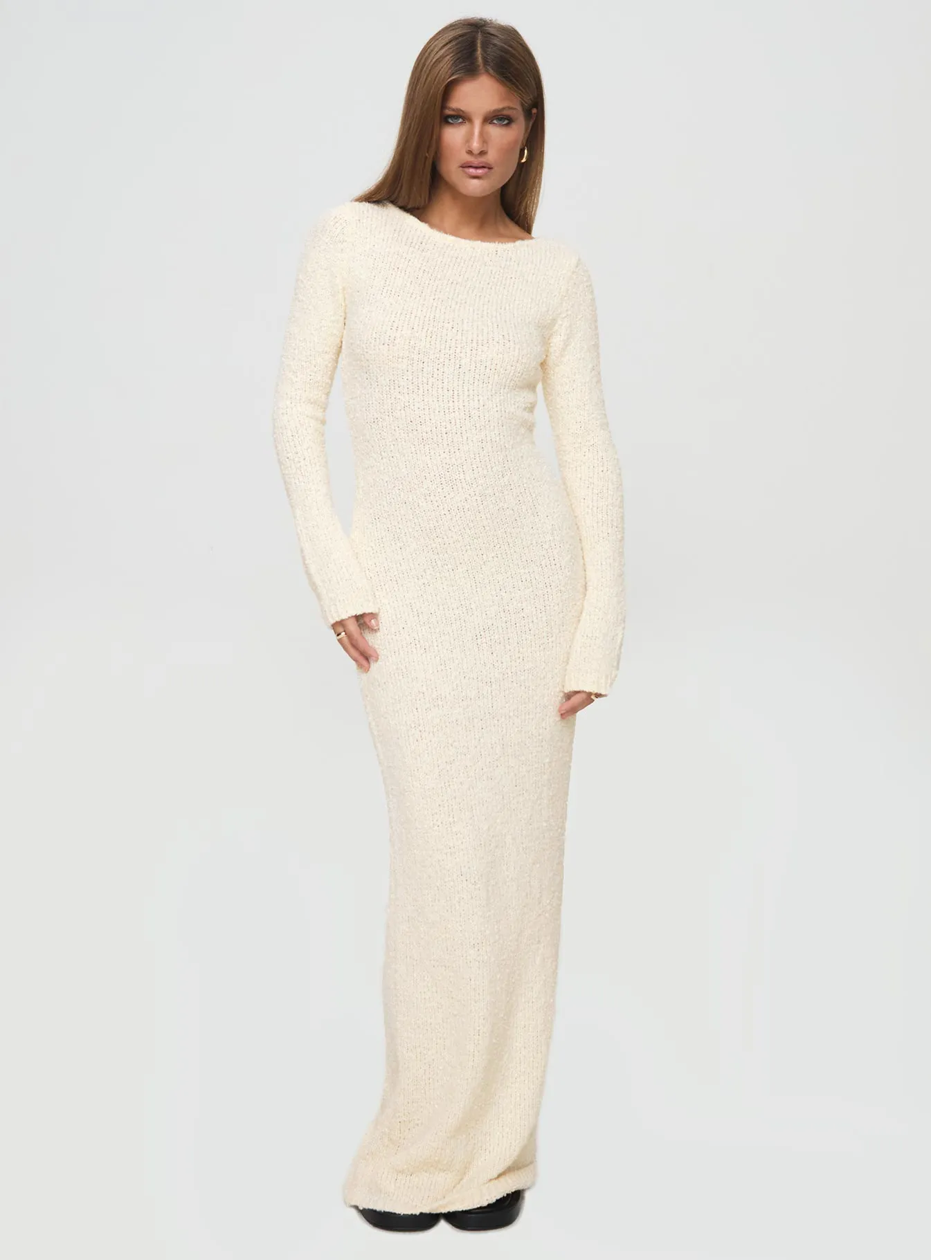 Cosy Up Long Sleeve Boucle Maxi Dress Cream