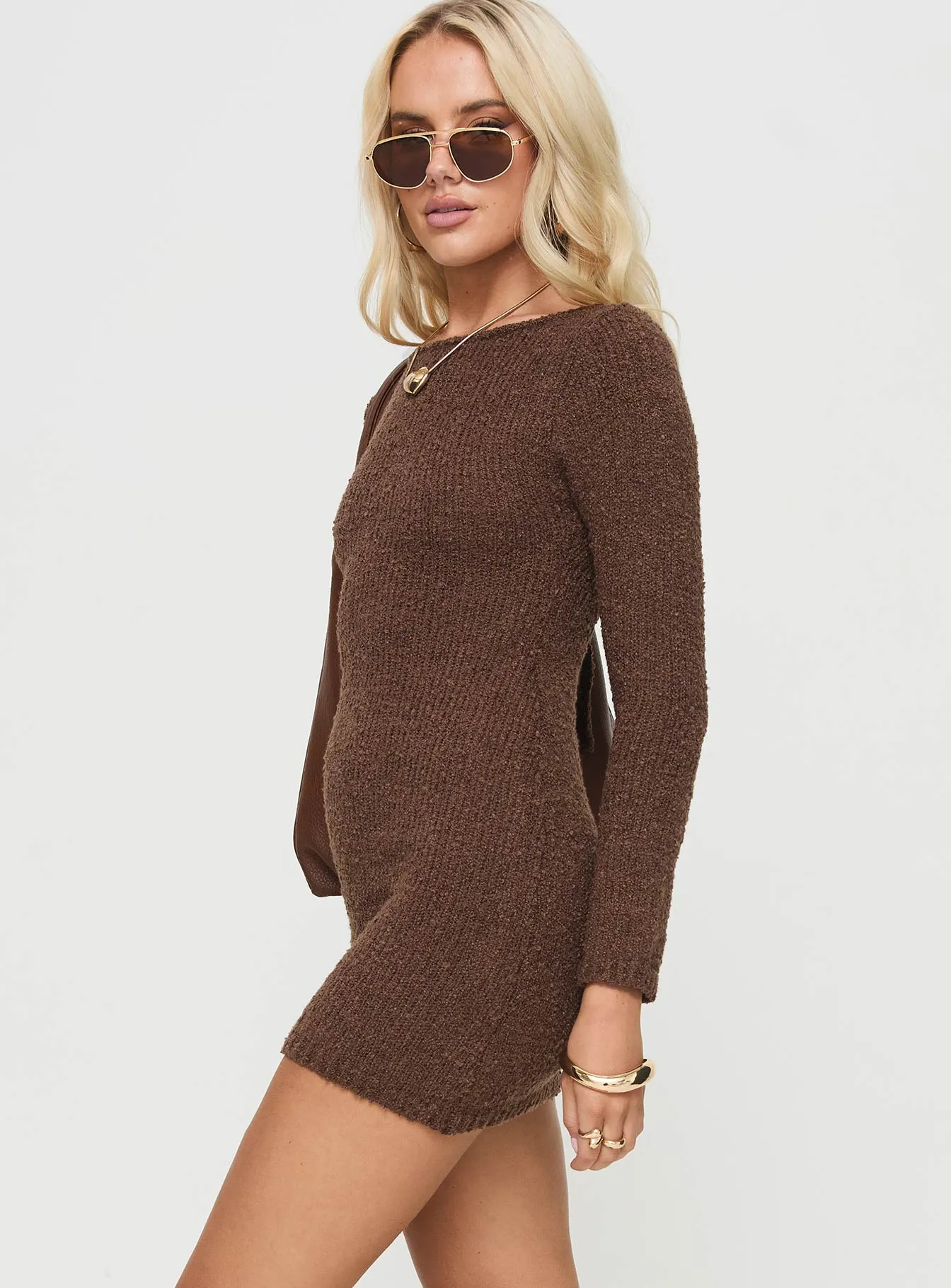 Cosy Up Long Sleeve Boucle Mini Dress Chocolate