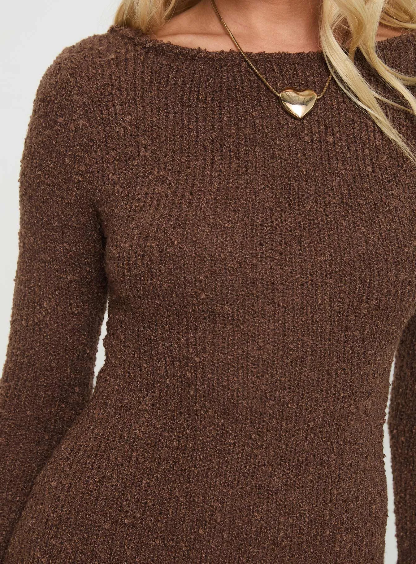 Cosy Up Long Sleeve Boucle Mini Dress Chocolate