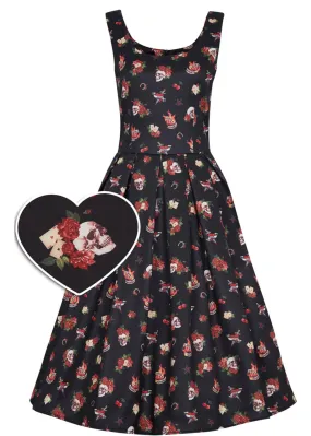 Dolly & Dotty Amanda Rockabilly Skull Rose 50's Swing Dress Black