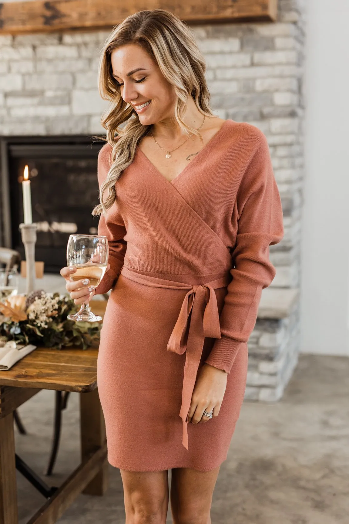 Feeling Smitten Long Sleeve Knit Dress- Mauve