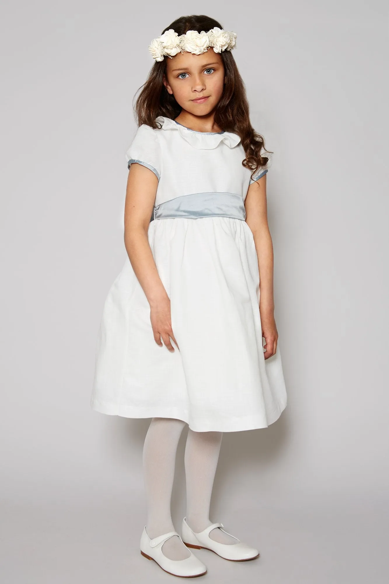 Flower Girl Ivory Dress with Blue Silk Sash (12mths-10yrs)