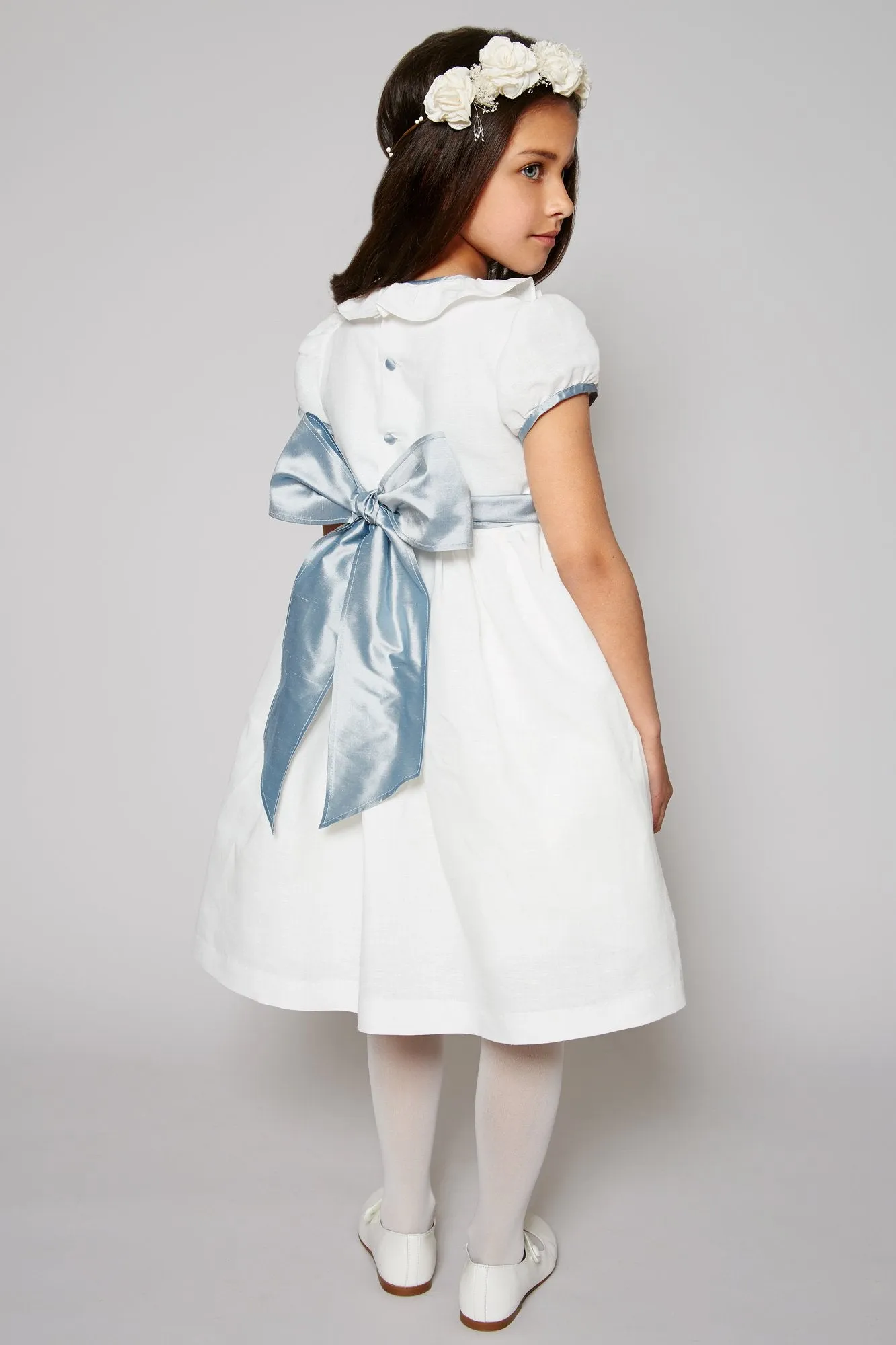 Flower Girl Ivory Dress with Blue Silk Sash (12mths-10yrs)