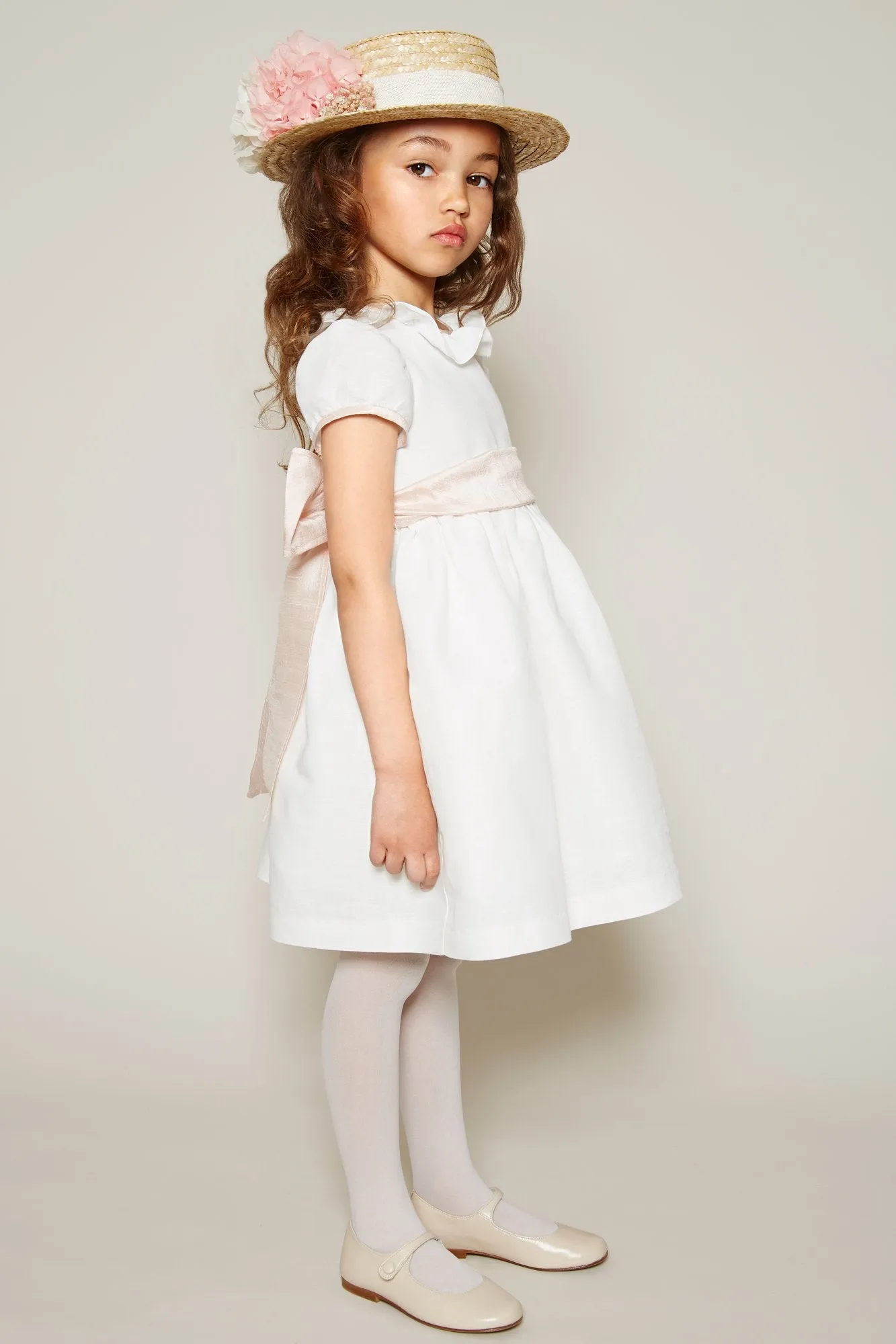 Flower Girl Ivory Dress with Pink Silk Sash (12mths-10yrs)